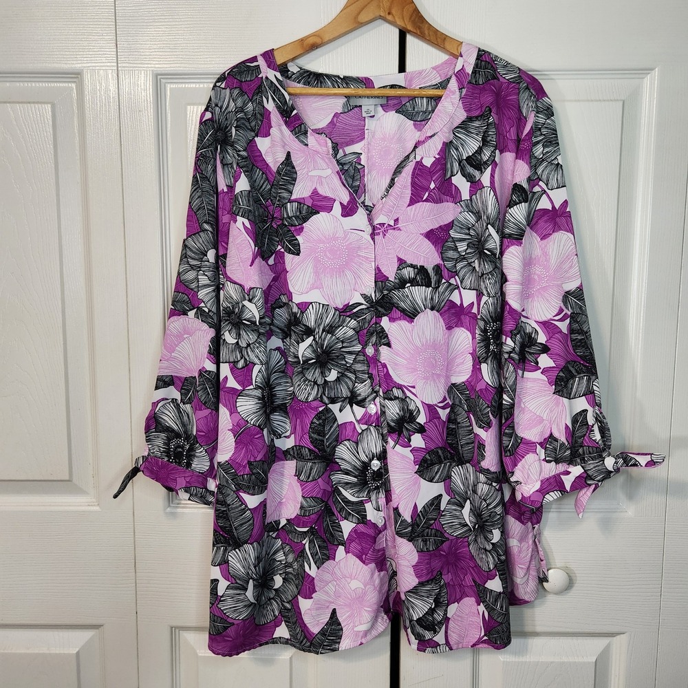 Catherines 2X Purple Floral Tropical Button Front Tunic Tie Sleeve Blouse Bright